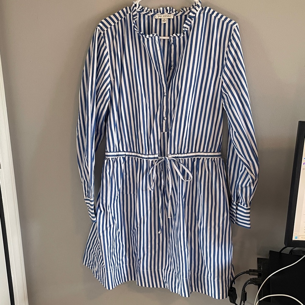 Blue & White Striped Long Sleeve Drawstring Dress
